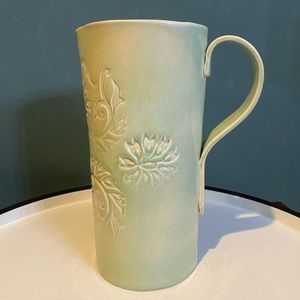 Studio Art Pottery Pitcher / Vase Impressed Floral motif/ applied handle signed